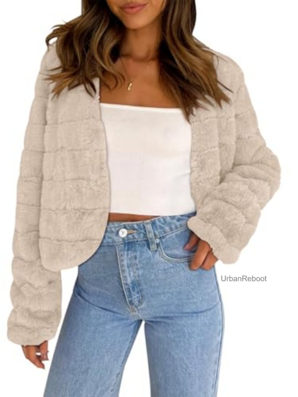 Faux Fur Cropped Jacket Shaggy Plush Open Front Cardigan Coat